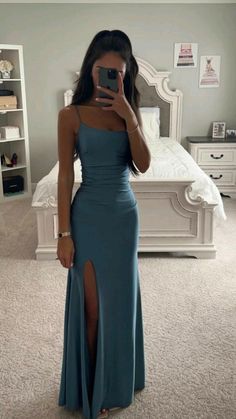 Slim Formal Dresses, Dresses For Grade 8 Graduation, Culmination Dresses, Blue Satin Gown, Houseparty Outfits, 8th Grade Graduation Dresses, Grade 8 Grad Dresses, 8th Grade Prom Dresses, Prom Dress Inspo