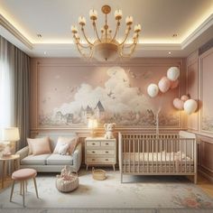 a baby's room with a crib, couch, chair and wall mural