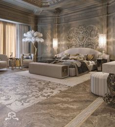 a large bedroom with fancy furniture and decor on the walls, along with chandeliers