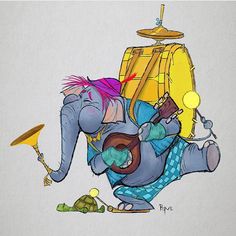 an elephant with pink hair is carrying a yellow bag and some other items on his back