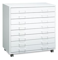 a white filing cabinet with five drawers on wheels