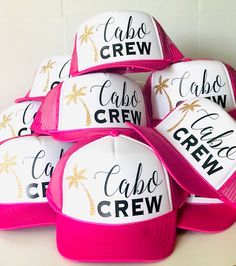 Cabo Crew Trucker Hat in Hot Pink and White *this is an adult size trucker hat I welcome custom requests ~ please convo me to work out your own design! :: Hat Details :: - 100% Polyester Front - 100% Nylon Mesh Back - 5-panel cap - Seamless Foam Front Panel with Lining - Matching Mesh Color Braid - 8 Rows Stitching on Visor - Matching Fabric Undervisor - Matching Color Sweatband - Plastic Adjustable Snap Group Vacation Ideas, Party Favor Gifts, Cabo Vacation, Group Vacation, Vacation Birthday, Vacation Hat, Favor Gifts, Bachelorette Party Beach, Pool Birthday