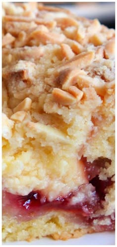 a close up of a piece of cake on a plate with berries and crumbs