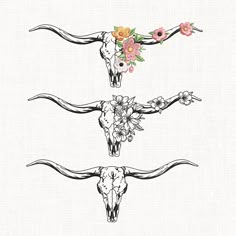 three longhorn skulls with flowers and vines on their heads are shown against a white background