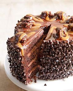 a chocolate cake on a plate with one slice cut out