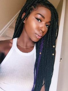 Long Poetic Justice Braids (Box Braids) with a Pop of Purple Braids Dark Skin, Box Braids With Color, Bob Box Braids Styles, Braids With Color, Box Braids Pictures, Poetic Justice Braids, Colored Braids