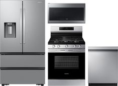 a silver refrigerator freezer next to an oven and stove