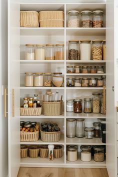 an organized pantry with baskets and food items