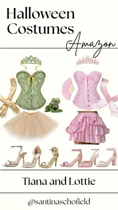 an advertisement for a costume shop with shoes and dresses