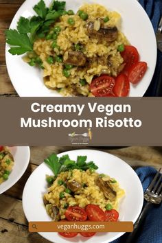 creamy vegan mushroom risotto on a white plate with tomatoes and parsley