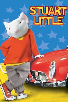 an image of a cat that is standing next to a red car with the words stuart little on it