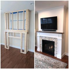 two pictures side by side, one with a fireplace and the other with a tv on it