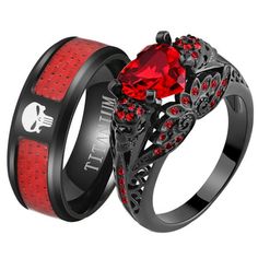 Black Matching Punk Rings Female skull ring is black plated heart 8*8mm red aaa cz mainstone women wedding ring sets,stamp:10kt. Male skull Ring black plated titanium men's wedding band thickness,2.5mm,stamp:titanium. Ring Packaging: jewelry bag. Measure your finger size before purchase, for band and ring sets can not be resized. Gift for wedding and gift for love. Size: women's size #8 & men's size #10.  Age Group: adult. Black And Red Wedding Rings, Wedding Rings In Box, Red Wedding Rings, Couple Ring Gold, Female Skull, Couple Rings Gold, Black Skull Ring, Womens Wedding Ring Sets, Black Red Wedding