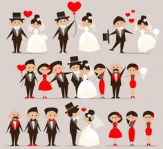 an image of people in wedding clothes and hats with hearts on their foreheads, holding hands