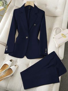 Navy Blue Elegant Collar   Plain  Embellished Non-Stretch  Women Clothing Blue Suit For Women Classy, Dark Blue Suit For Women, Elegant Suits For Women Classy, Navy Blue Suit Women's, Navy Blue Outfits For Women Classy, Blue Suit Women Outfit, Blue Ladies Suit, Navy Blue Blazer Outfit Women, Blazer Suits For Women