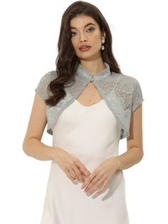 Shop Allegra K for Lace Cardigan Stand Collar Short Elegant Shrug you are looking for, get more women's Blouses for yourself. Order now! Free Returns！ Grey Shrug, Cropped Shrug, Lace Shrug, Lace Bolero, Lace Cardigan, Suspender Dress, Hem Style, Chic Woman, Christmas Wedding