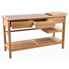 a wooden desk with drawers and shelves on the bottom shelf is shown against a white background