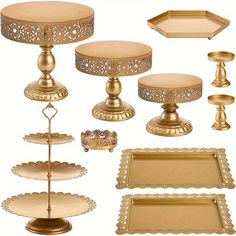 there are many different types of trays on this white background and one is gold