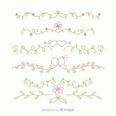 a set of hand drawn designs with hearts, flowers and leaves on white paper background