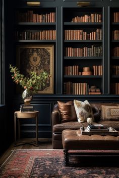 a living room filled with furniture and bookshelves covered in lots of bookcases