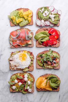 several slices of bread with different types of food on them