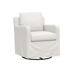 a white chair with a cover on it's back and legs in front of a white background