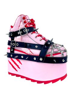 Pastel Platform Shoes, Emo Boots, Pink Platform Boots, Yru Shoes, Gloomy Bear, Goth Shoes, Pink Platforms, Silver Chrome, Pink Faux Fur