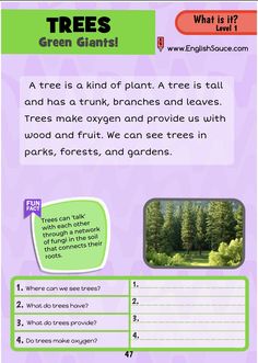 a poster with the words trees and what is it? in green giants text