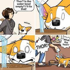 a comic strip with an image of a dog drinking water from a faucet