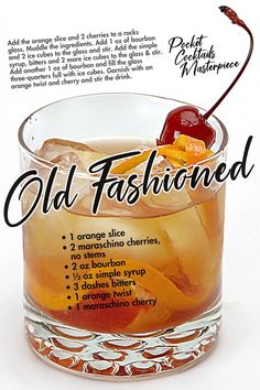 an old fashioned cocktail with orange slices and cherries