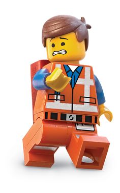 a lego man sitting on top of an orange bench