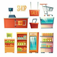 a set of different shops and stores with sale signs on the shelves - miscellaneous objects