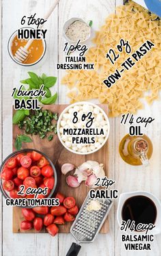 the ingredients to make pasta on a cutting board