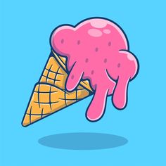 an ice cream cone with pink icing on it's tip is melting down