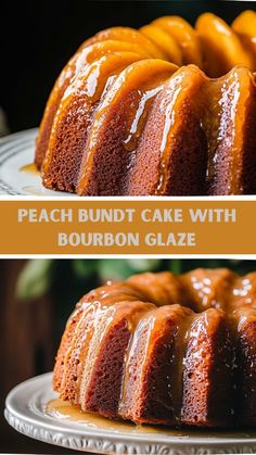 a bundt cake with bourbon glaze on top and another bundt cake in the background