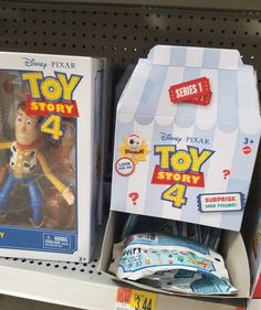 two toy story books are on display for sale in a store shelf with other toys