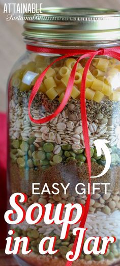 a mason jar filled with pasta and other things to make it look like an easy gift