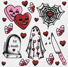 halloween clipart with hearts, tombstones and other items to decorate on white paper