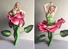 two photos of a woman in a green dress holding a pink rose