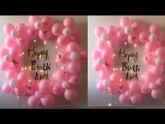 two pictures of pink balloons in the shape of a wreath with happy birthday written on it