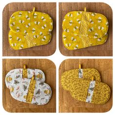 four images of oven mitts with bees on them