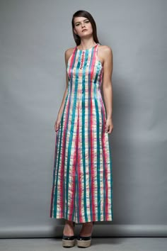 sleeveless halter maxi dress vintage 70s striped plaid pink blue satin shiny S SMALL Sleeveless Kurti Designs Party Wear, A Line One Piece Dress, Sleeveless Anarkali Dress, Stripes Kurti Designs Latest, Halter Neck Anarkali, Sleeveless Kurti Designs, Sleeveless Kurti, Long A Line Skirt, Stylish Kurtis Design