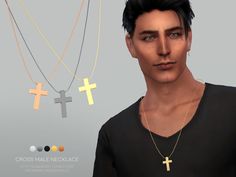 a man wearing three different necklaces with cross pendants on each side and an image of the same person's face