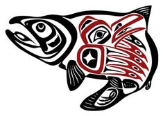 a fish with red and black designs on it's body is in the shape of a fish