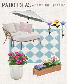 patio ideas whimsical garden with flowers and an umbrella over the seating area