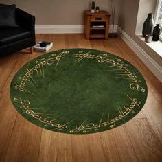 the lord's ring rug is on the floor in front of a chair and window