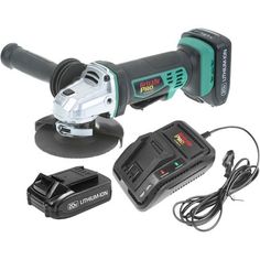 a cordless sander with power tools and accessories on a white background, including a charger