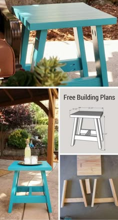 an outdoor table made out of wood and painted blue with text overlay that says free building plans