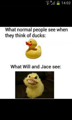 an image of two rubber ducks with caption saying what normal people see when they think of ducks