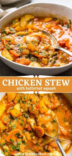 chicken stew with butternut squash in a white bowl